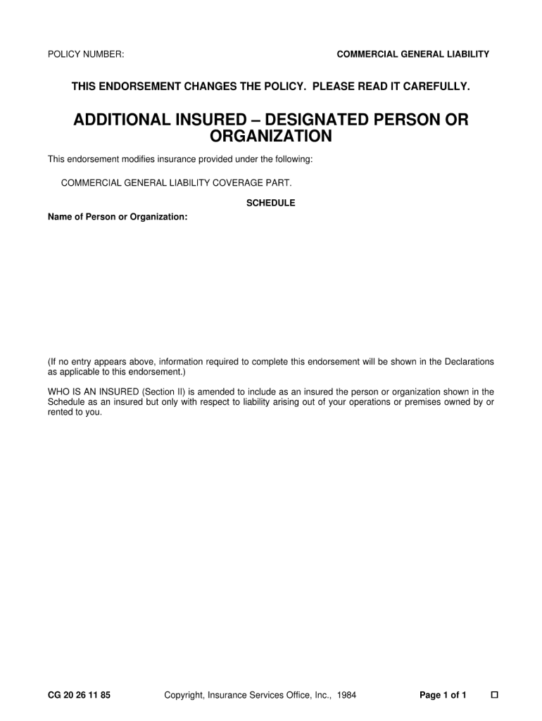 Fillable Additional Insured Form Cg 20 10 0704 Printable Forms Free