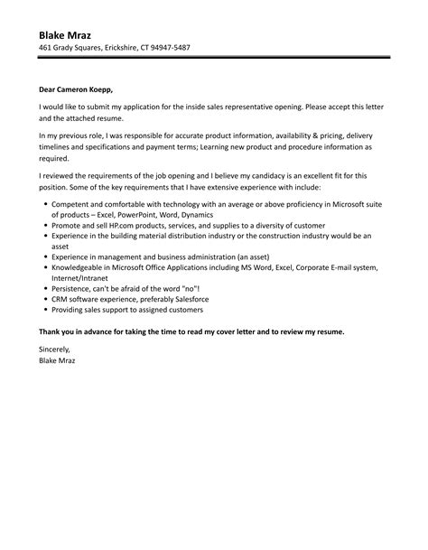 Inside Sales Cover Letter Inside Sales Cover Letter